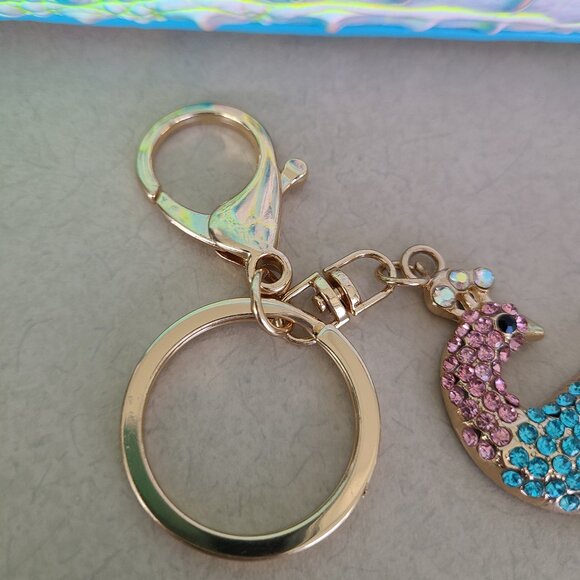 Colorful Peacock Crystal Rhinestone Gold Tone Metal Purse Charm and Key ring - Picture 7 of 9